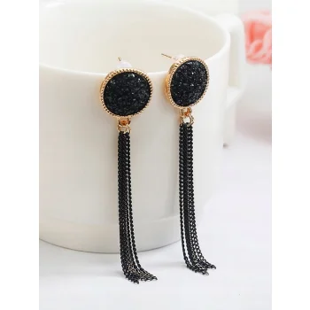 Kolczyki CZARNE Długie Nitki Wiszące Złote Łańcuszek Kryształki Sztyft