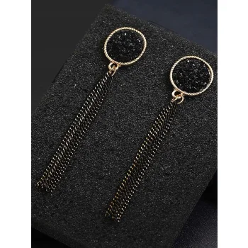 Kolczyki CZARNE Długie Nitki Wiszące Złote Łańcuszek Kryształki Sztyft