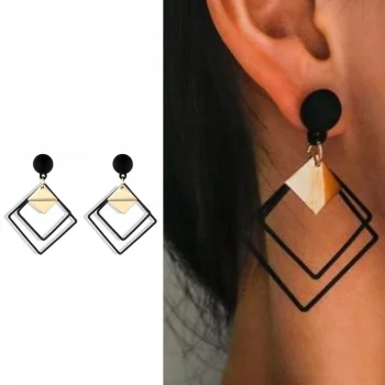 Kolczyki wiszące Geometryczne Kwadrat złote czarne Sztyfty Na imprezę