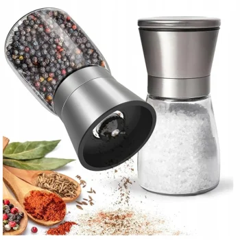 MŁYNKI RĘCZNE DO SOLI PIEPRZU KOMPLET 2SZT szklany pojemnik stal nierdzewna