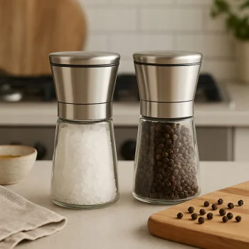 MŁYNKI RĘCZNE DO SOLI PIEPRZU KOMPLET 2SZT szklany pojemnik stal nierdzewna