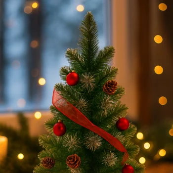 CHOINKA SZTUCZNA Zdobiona Śnieg Zielona Z SZYSZKAMI BOMBKAMI 65cm czerwona