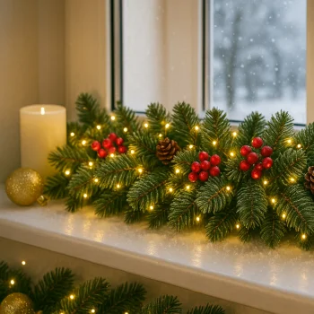 GIRLANDA ŚWIĄTECZNA ZDOBIONA GĘSTA SZTUCZNA ZIELONA CHOINKOWA 1m ośnieżona