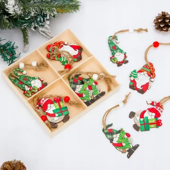 Ozdoby choinkowe zawieszki DREWNIANE skrzaty ZESTAW na prezent 12szt