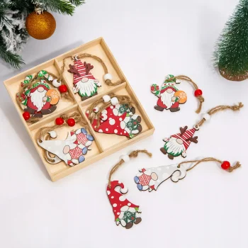 Ozdoby choinkowe zawieszki DREWNIANE skrzaty 12szt świąteczne bombki