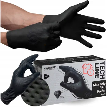Rękawiczki Nitrylowe L 3D Czarne Mocne GRUBE Warsztatowe 100 szt MedaSept