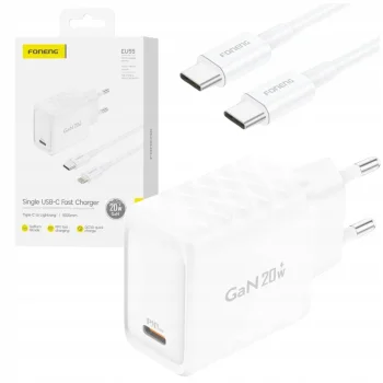 Szybka Ładowarka Sieciowa GaN 20W + Kabel USB-C PD QC do iPhone FONENG