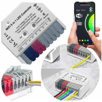 MINI Sterownik taśmy LED WiFi 12V 24V RGB+CCT RGBW Dopuszkowy 10A 120W 240W