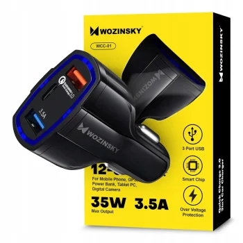 Ładowarka samochodowa Szybkie ładowanie QC 3.0 USB-C UWB Wozinsky 7A