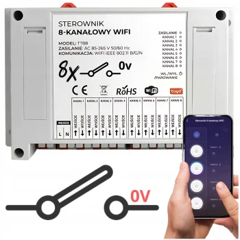 Sterownik 8 Kanałowy 8CH Beznapięciowy WiFi Do Siłowników Brama Piec TUYA